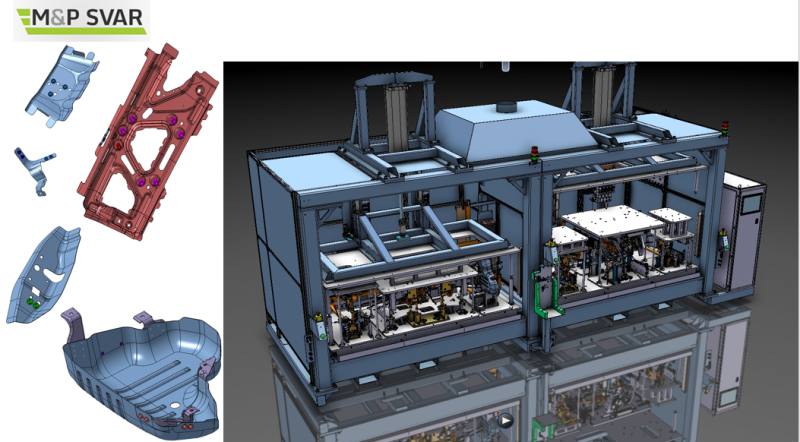 Jaguar project - workplace for 5 complex parts, for spot and protrusion welding. One of the jigs replaces the welding of a part in a large robot workplace. Serves only 1 employee.