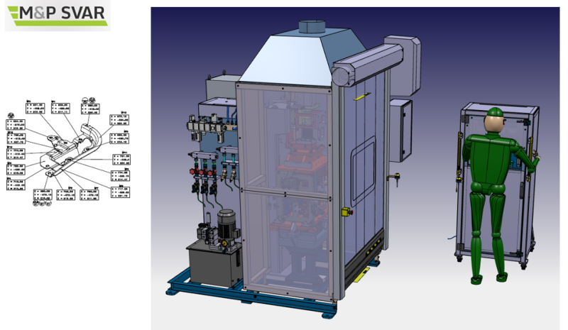 Project Audi - A8 / welding press with jig and control station. Automatic storage of final and inspected parts in a locked pallet. The device is operated by 1 employee.