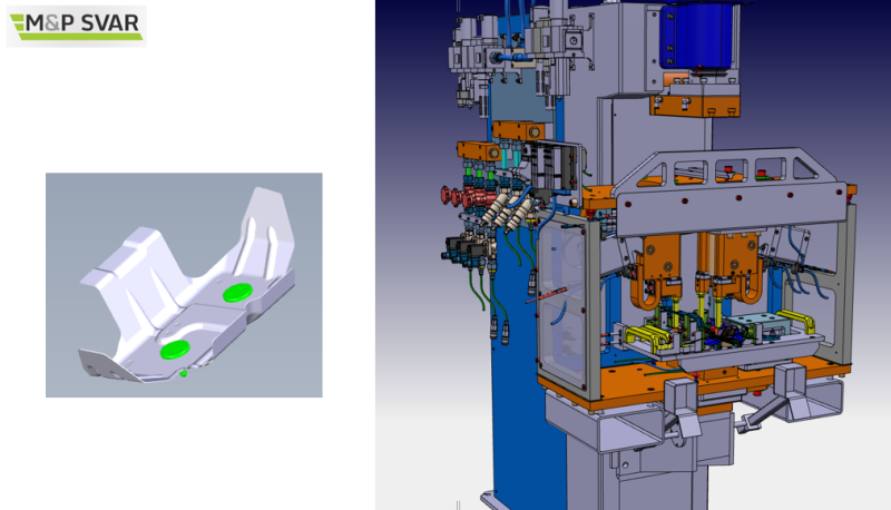 Škoda Auto project - welding of 6 types of parts. Within 2 minutes of resetting the product. Automatic adjustment of the position of the upper welding cylinders. Coding of jigs / weldments.