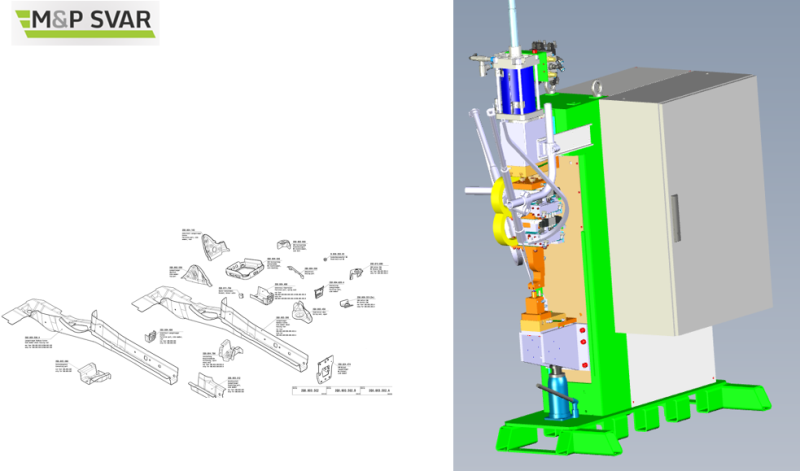 VW project - MQB platform / press with jig and automatic nut feeder. The device is part of a robot workplace.