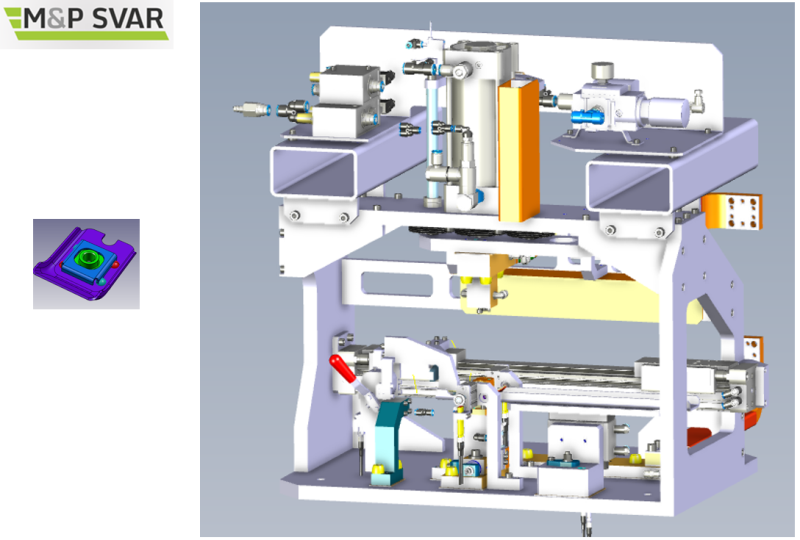 VW project - MEB platform / welding jig, for welding floating nuts. Unattended removal of a part with transfer to a pallet.