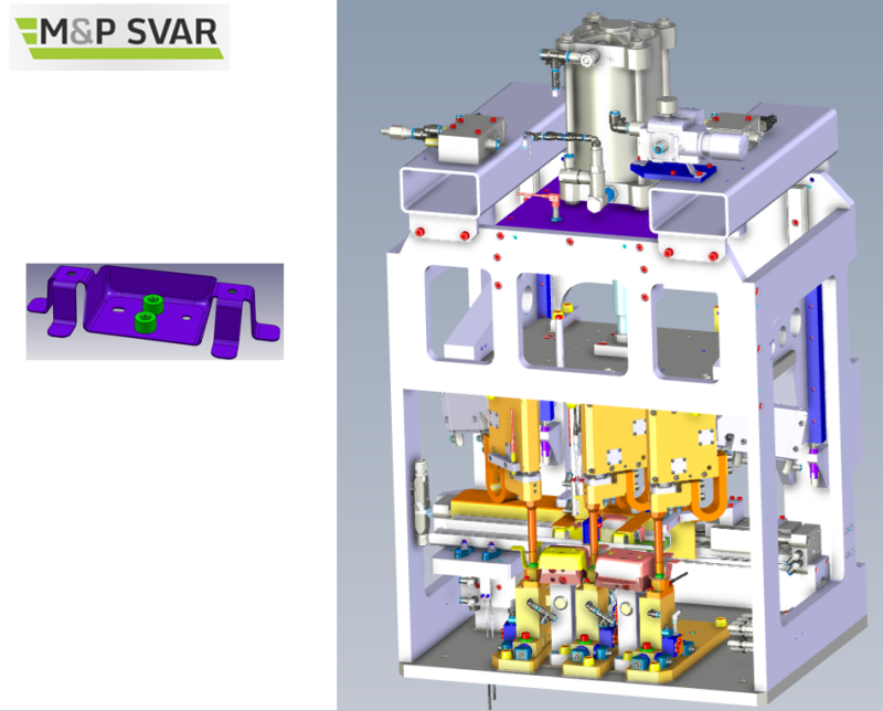 VW project - MEB platform / progressive welding jig with automatic passage of electrodes. Unattended removal of a part with transfer to a pallet.