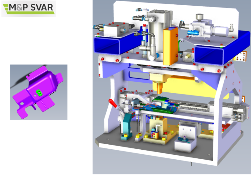 Projekt VW - platforma MEB / svařovací přípravek, pro svařování 4 typů svařenců. Přestavba přípravku, pouze výměna levné kódované šablony. Bezobslužné vyjmutí dílu s přesunem do palety.