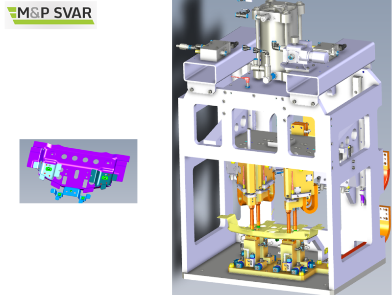 Projekt VW - platforma MEB / svařovací přípravek, pro přivaření 4 matic. Přejezdy elektrod, při svařování všech 4 matic jsou v překrytém čase. Bezobslužné vyjmutí dílu s přesunem do palety.