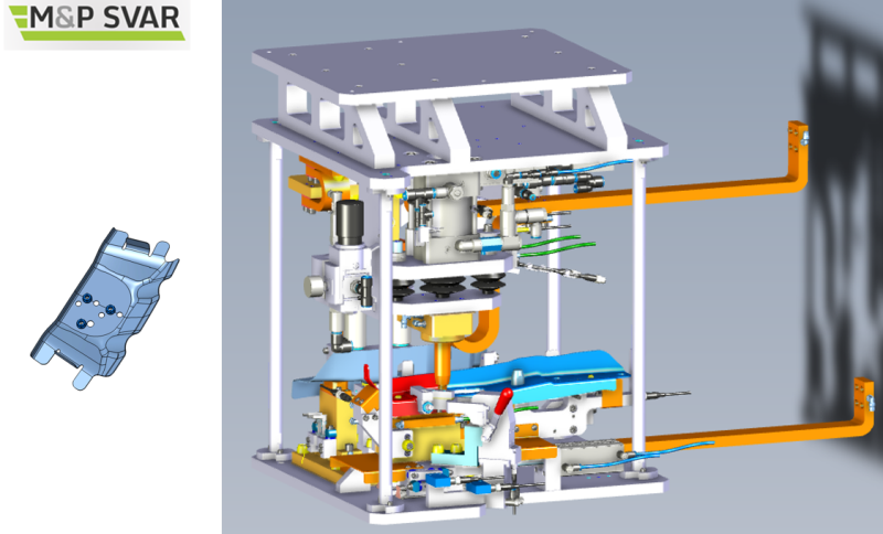 Land Rover project-welding jig and automatic electrode crossing. Manual loading and unloading of input parts with control of nut orientation (monitoring of nut loading by protrusions to the molding).