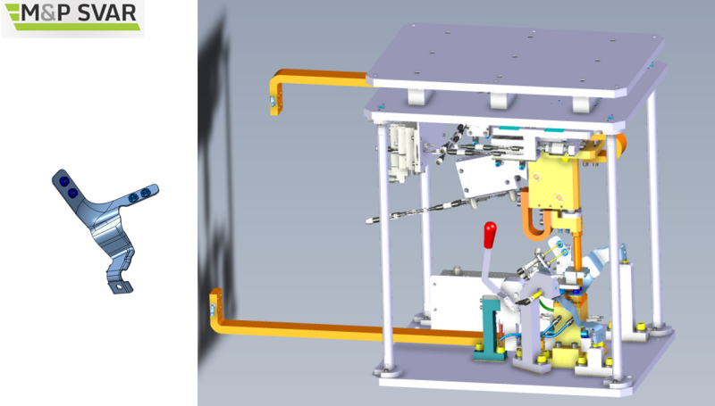 Land Rover project-welding jig and automatic electrode crossing. Manual loading and unloading of input parts with control of nut orientation (monitoring of nut loading by protrusions to the molding).