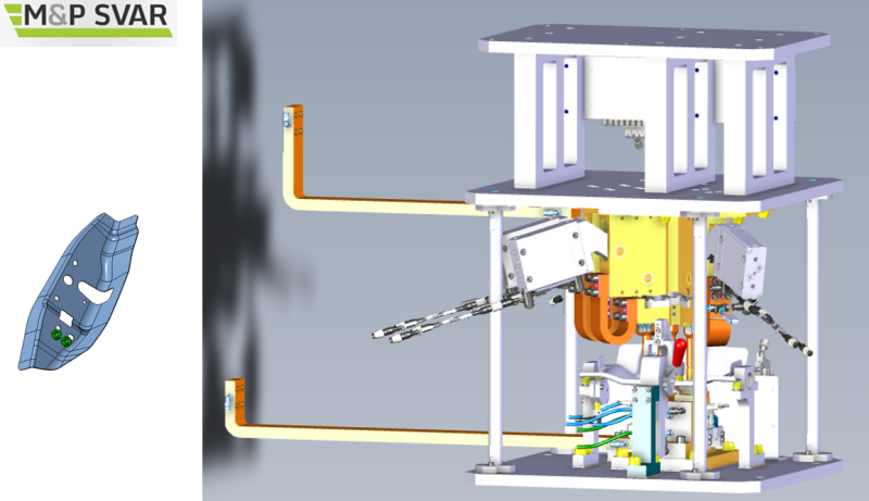 Land Rover project-welding jig with automatic electrode crossing. Manual loading and unloading of input parts with control of nut orientation (monitoring of nut loading by protrusions to the molding).