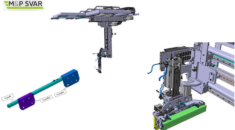 Fitting reinforcement project - automatic feeder for simultaneous loading of 3 parts and a greifer, for removing the finished part with storage on a pallet.